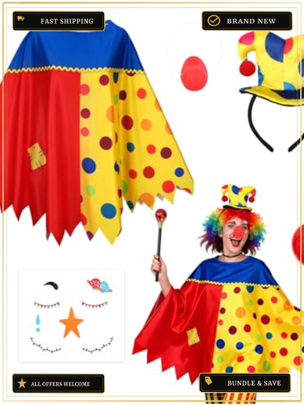 5pc Clown Costume Set Poncho Hat Headband Cane Nose Halloween Party Adult
